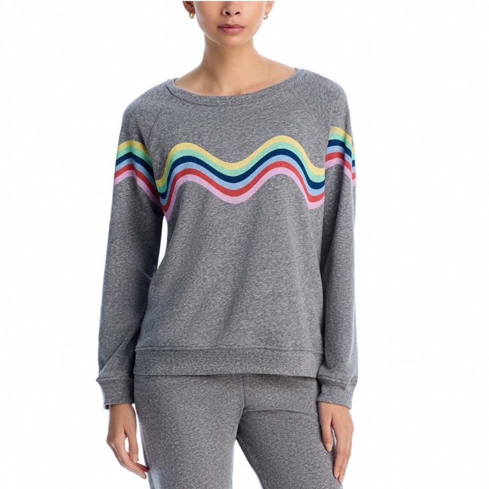 AQUA Athletic Nadia Pullover Sweatshirt Heather Grey Rainbow Wave XS